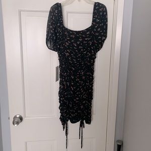 Black floral Short scrunched fabric, off the shoulder, short sleeve dress